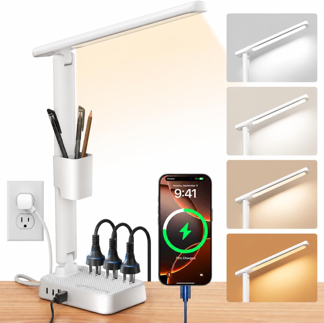 Black LED Desk Lamp Power Strip
