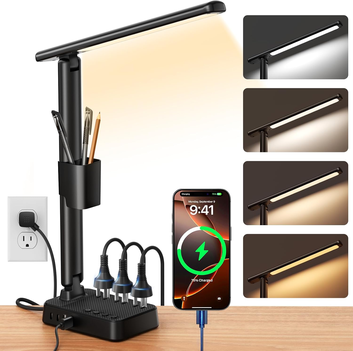 Black LED Desk Lamp Power Strip