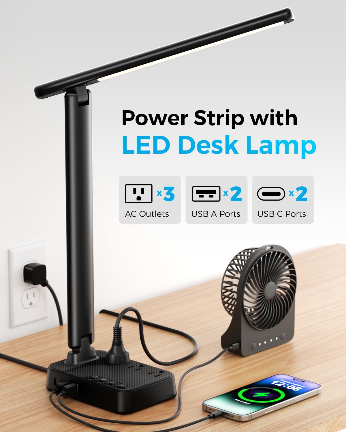 Black LED Desk Lamp Power Strip