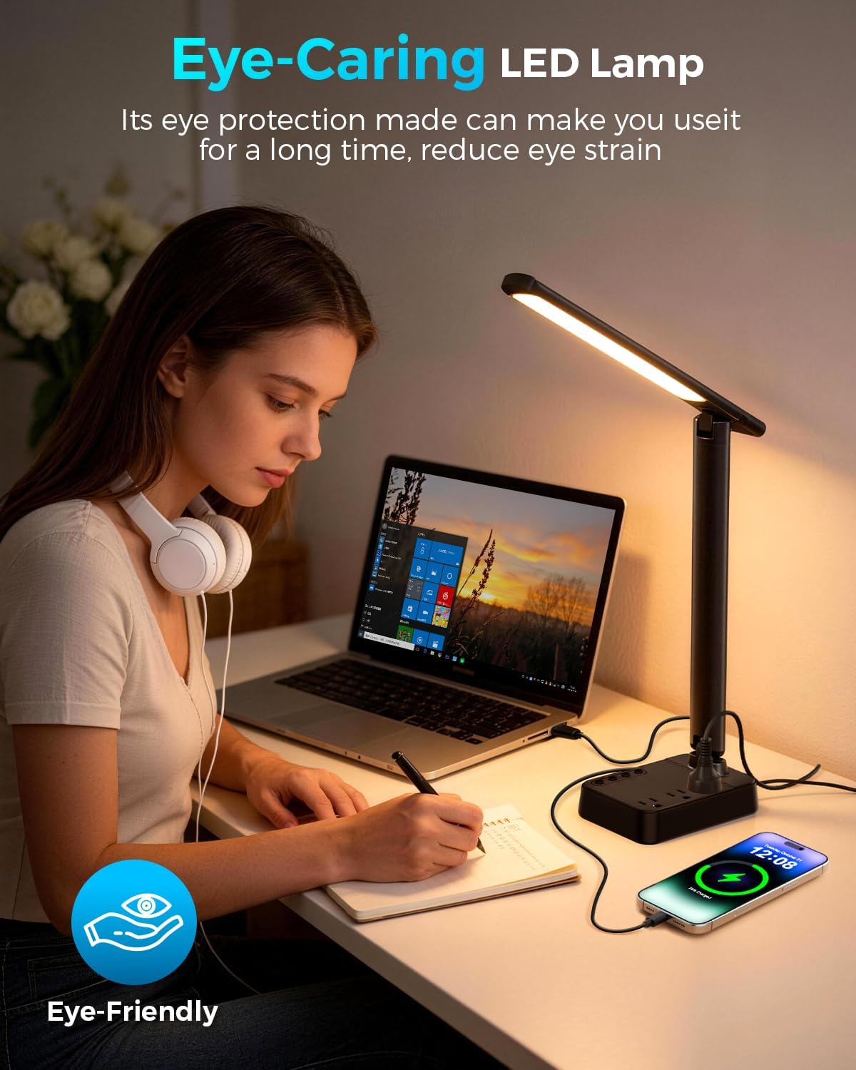 Black LED Desk Lamp Power Strip