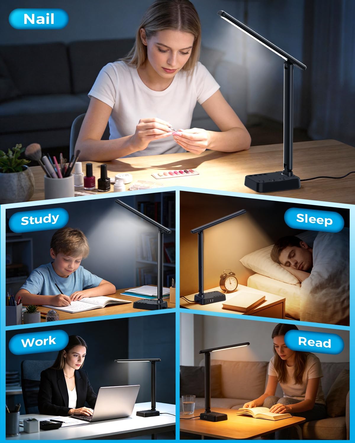 Black LED Desk Lamp Power Strip