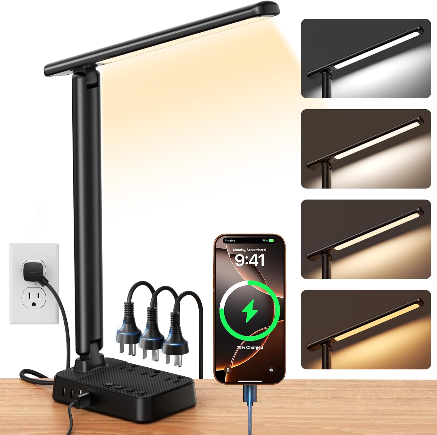 Black LED Desk Lamp Power Strip