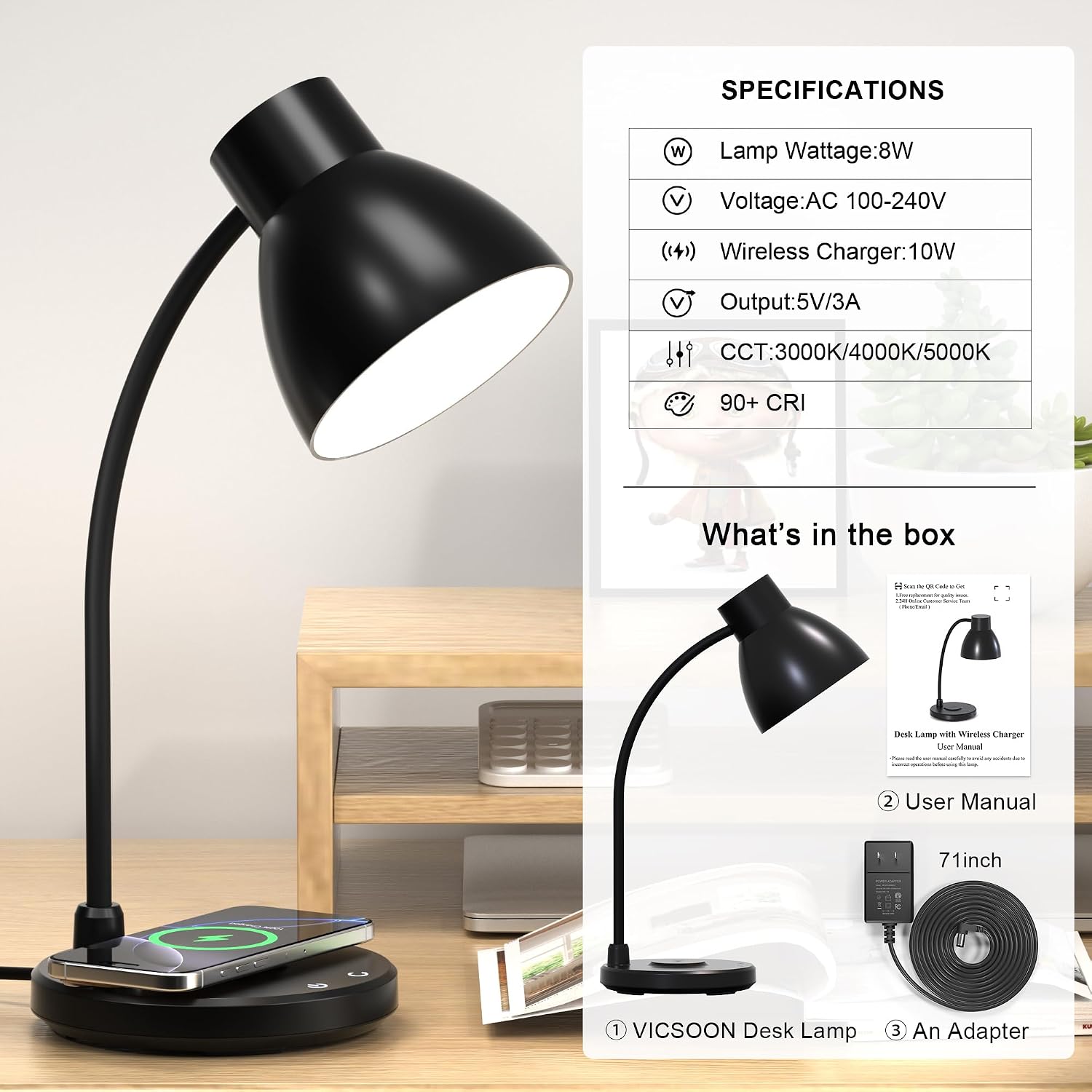 Black LED Desk Lamp with 10W Wireless Charger