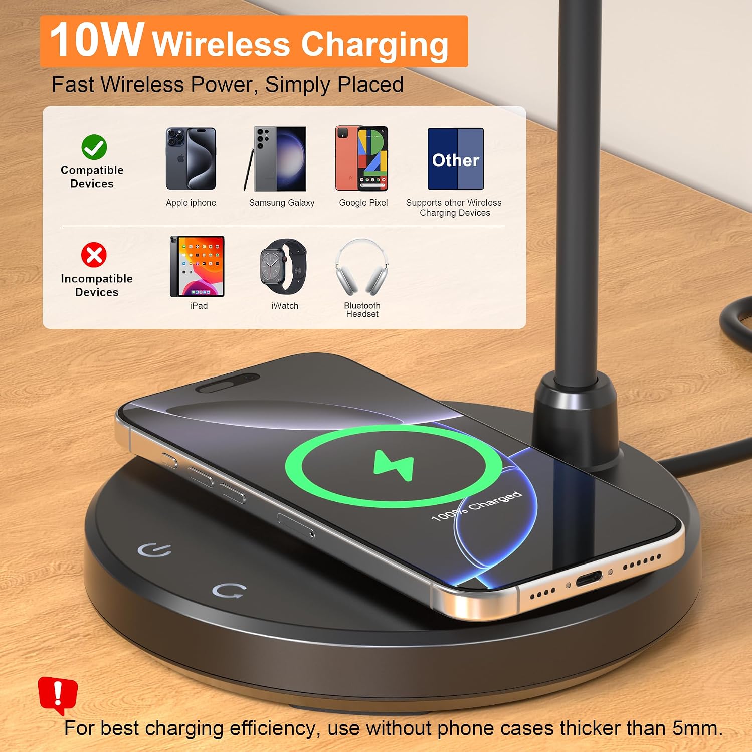Black LED Desk Lamp with 10W Wireless Charger