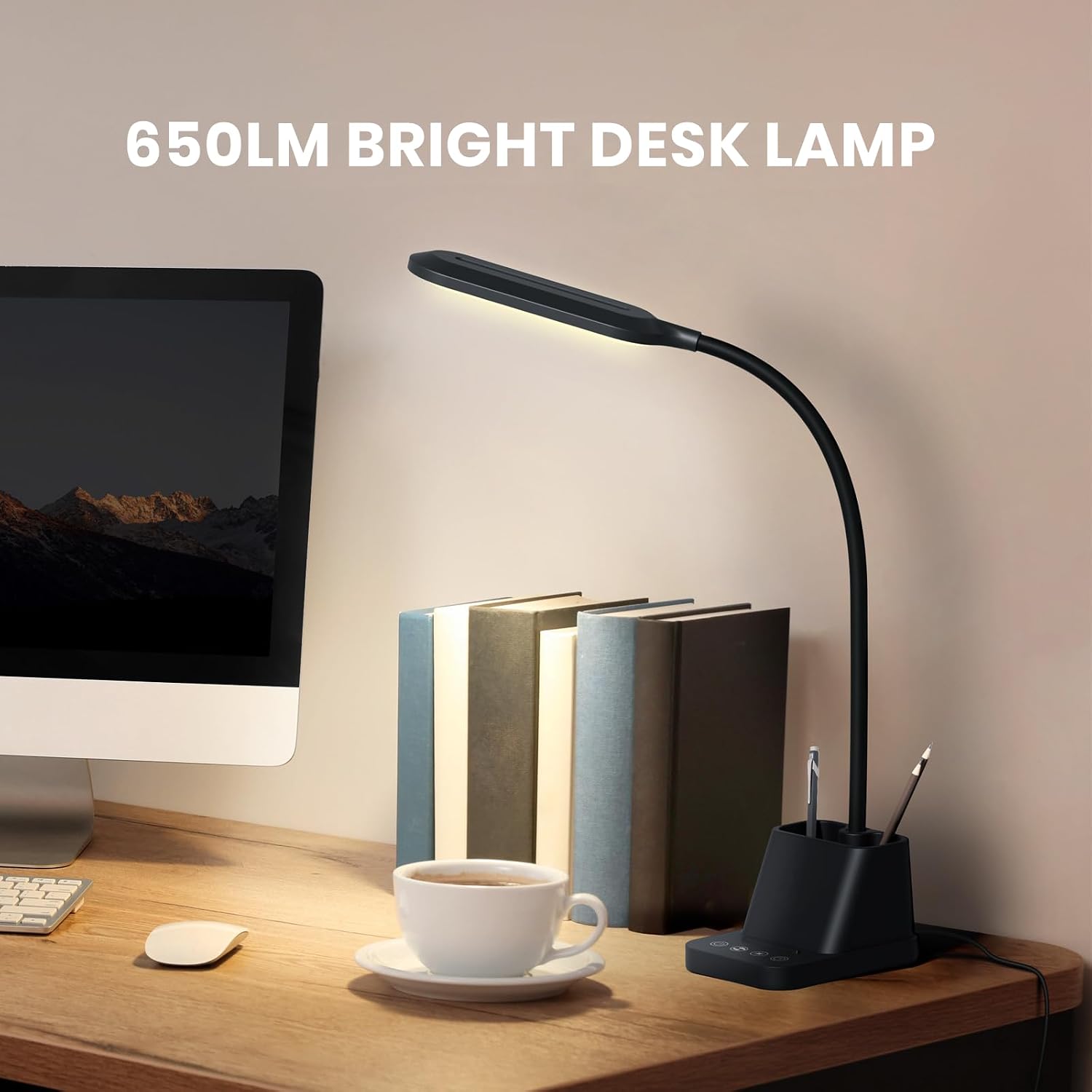 Black LED Desk Lamp with Charging Pad and Pen Holder