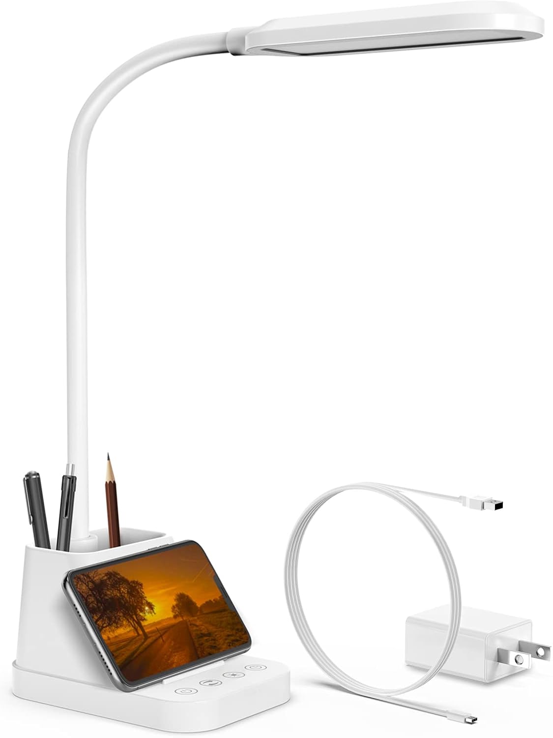 Black LED Desk Lamp with Charging Pad and Pen Holder