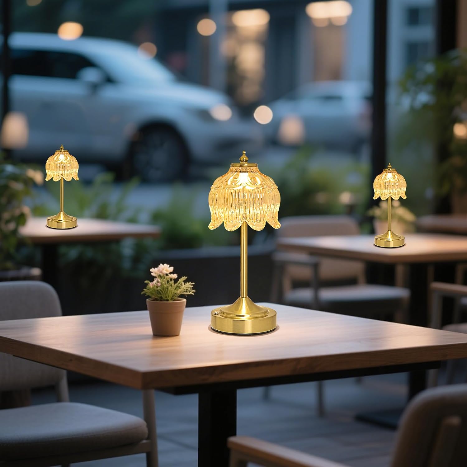 Cordless Brass Table Lamp with Amber Glass Shade