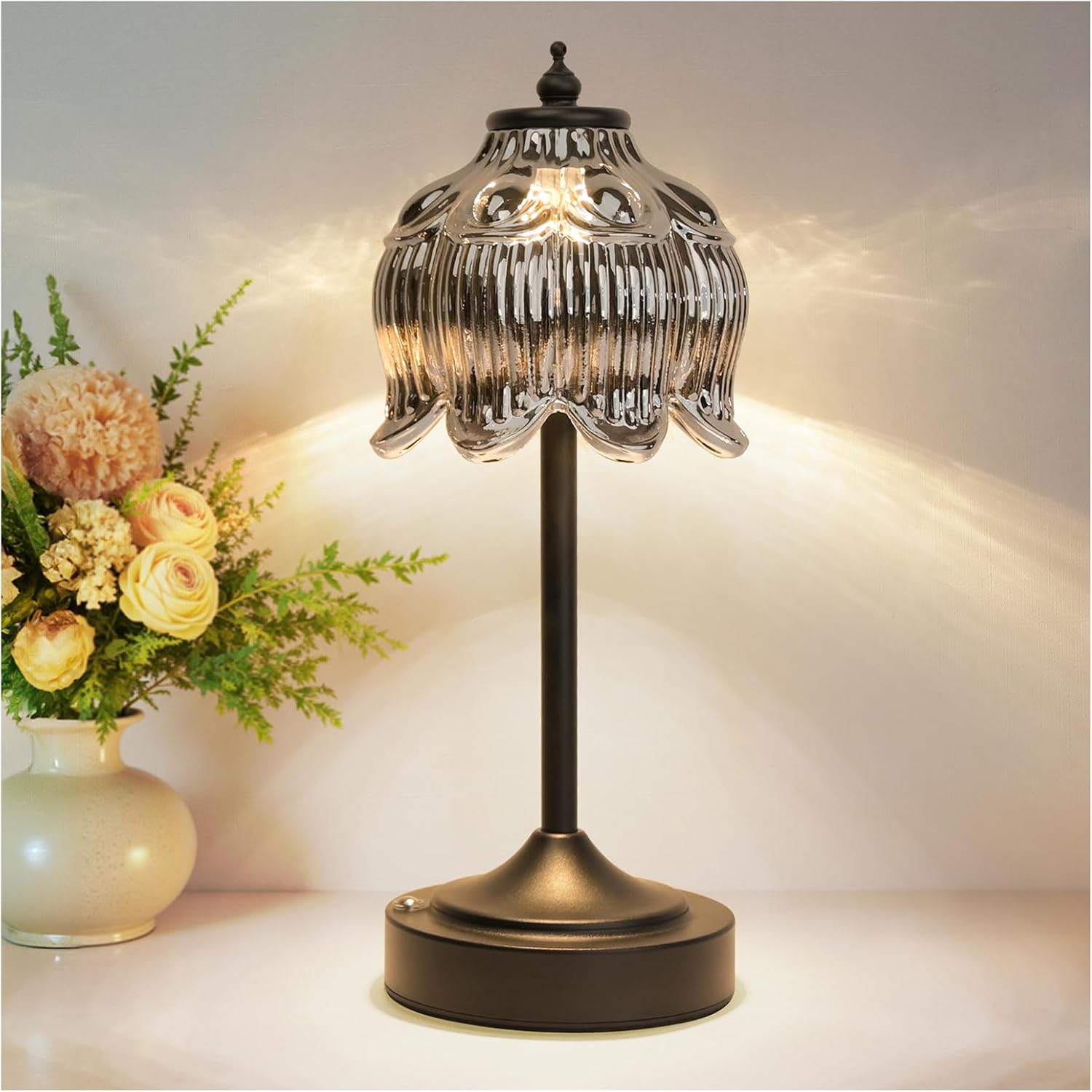 Cordless Brass Table Lamp with Amber Glass Shade