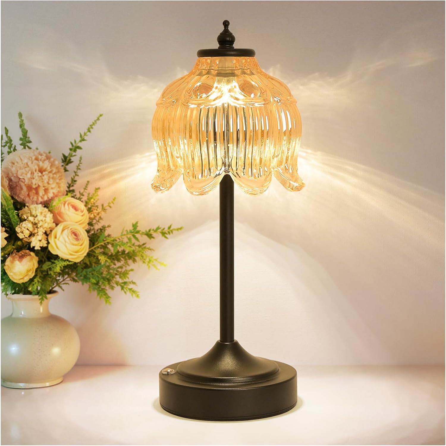 Cordless Brass Table Lamp with Amber Glass Shade