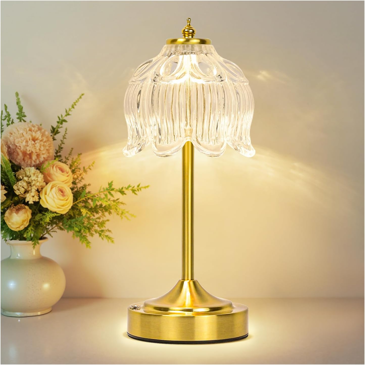 Cordless Brass Table Lamp with Amber Glass Shade
