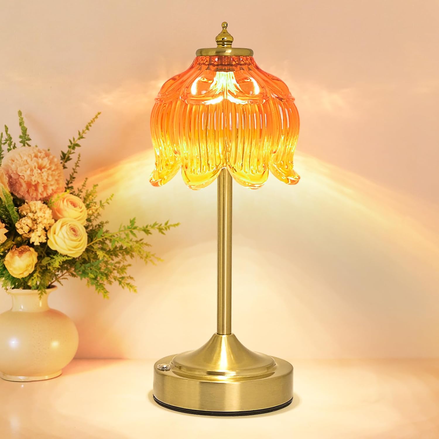 Cordless Brass Table Lamp with Amber Glass Shade