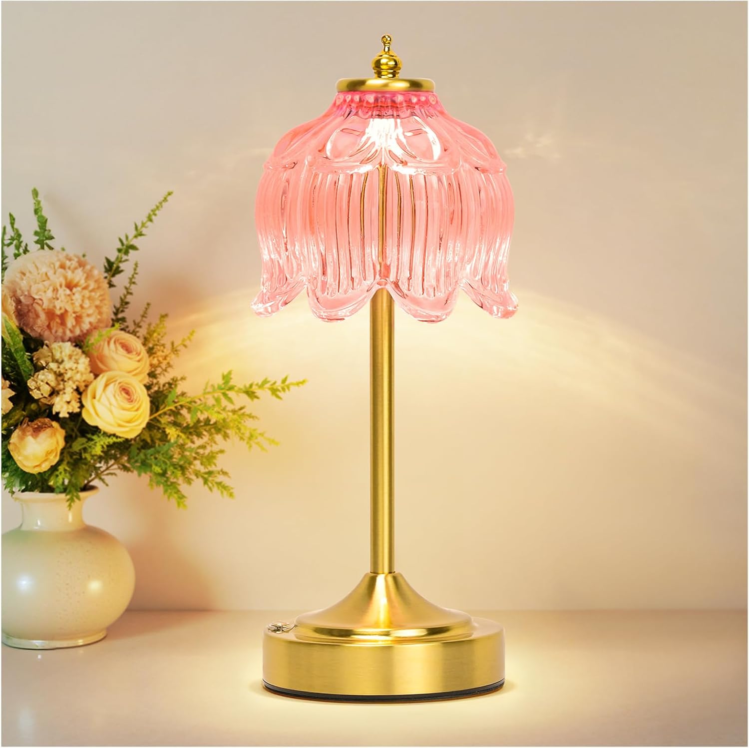 Cordless Brass Table Lamp with Amber Glass Shade