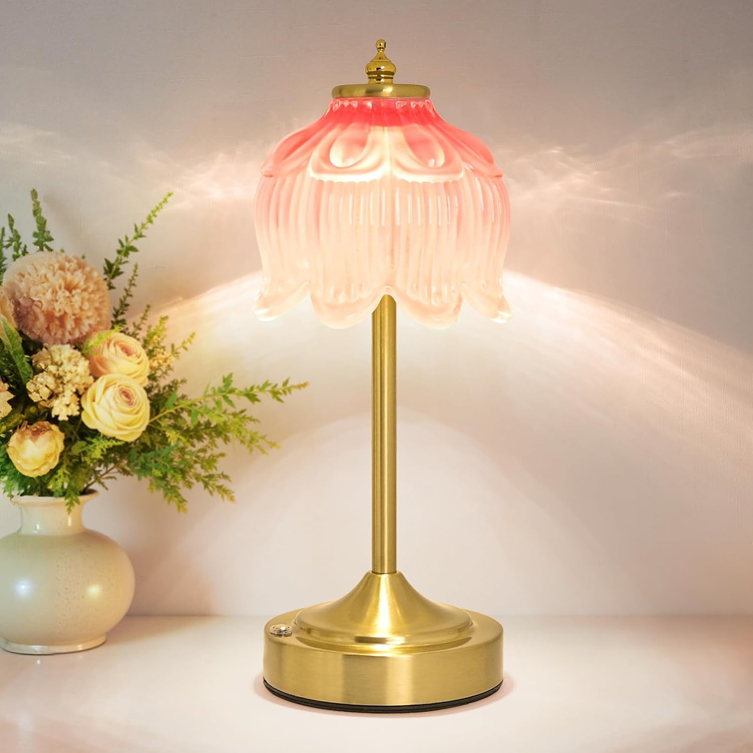 Cordless Brass Table Lamp with Amber Glass Shade