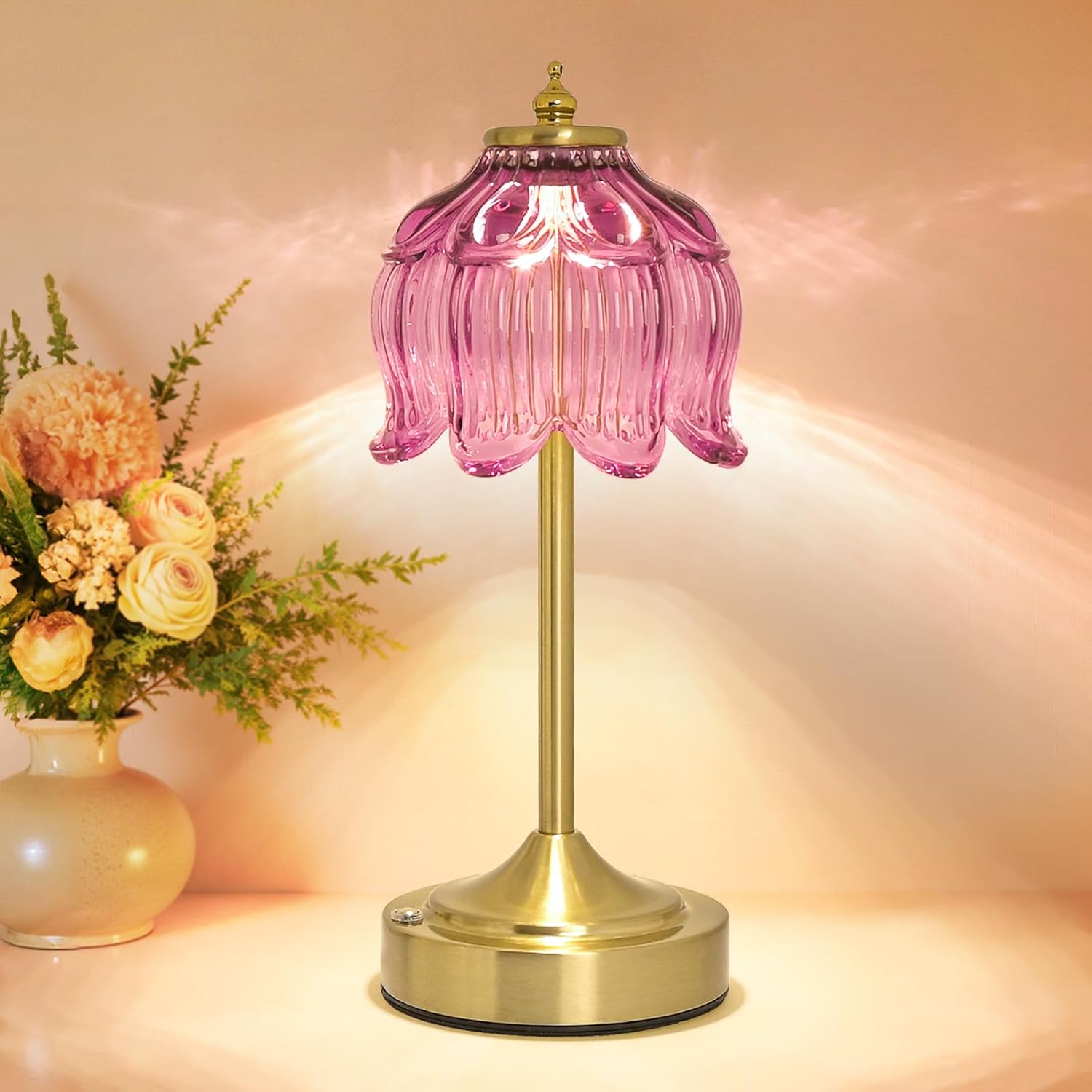 Cordless Brass Table Lamp with Amber Glass Shade