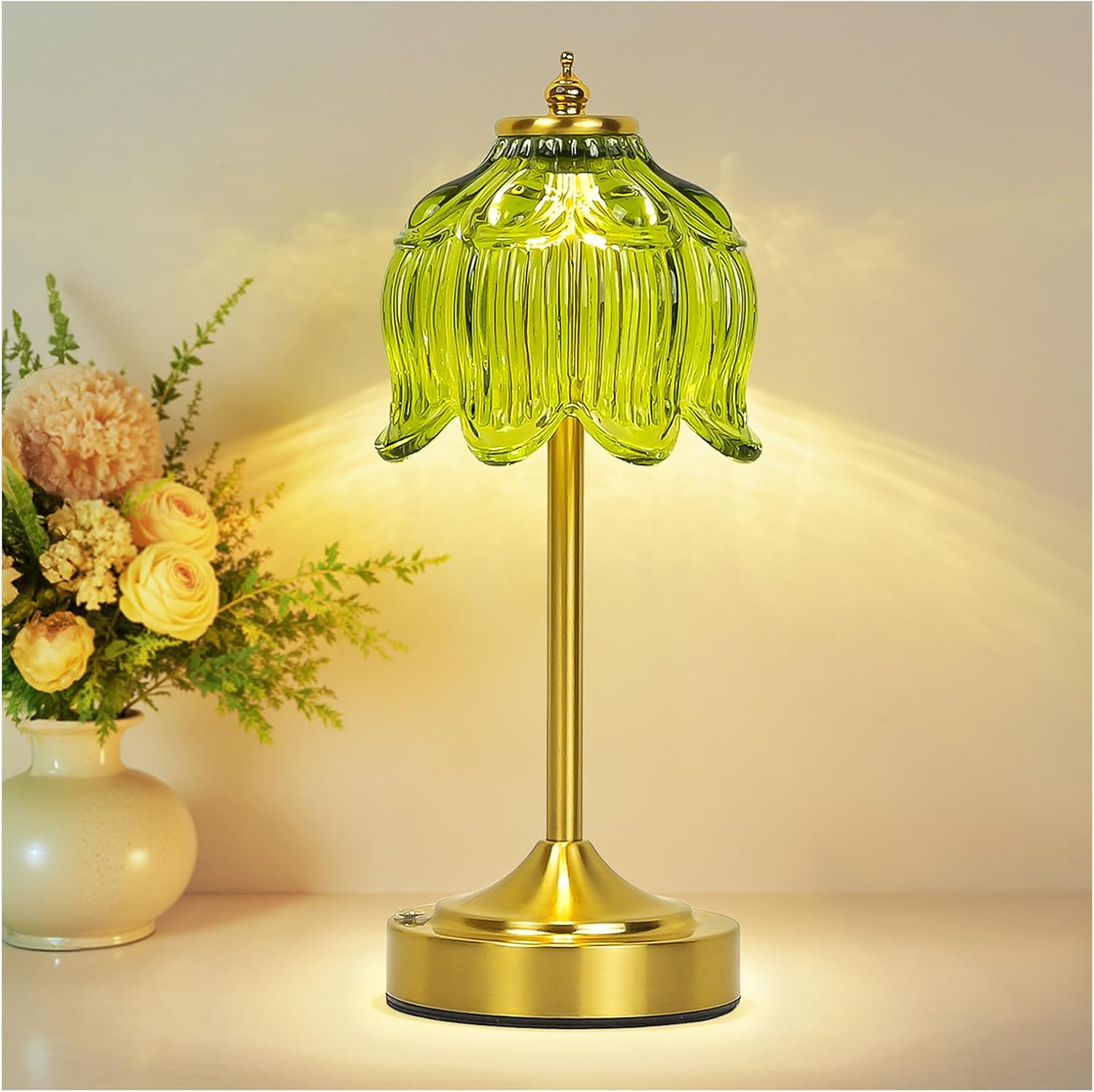 Cordless Brass Table Lamp with Amber Glass Shade