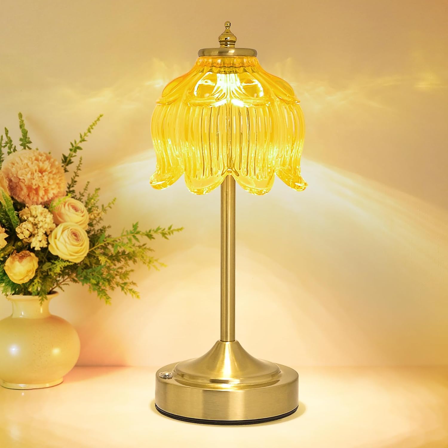 Cordless Brass Table Lamp with Amber Glass Shade