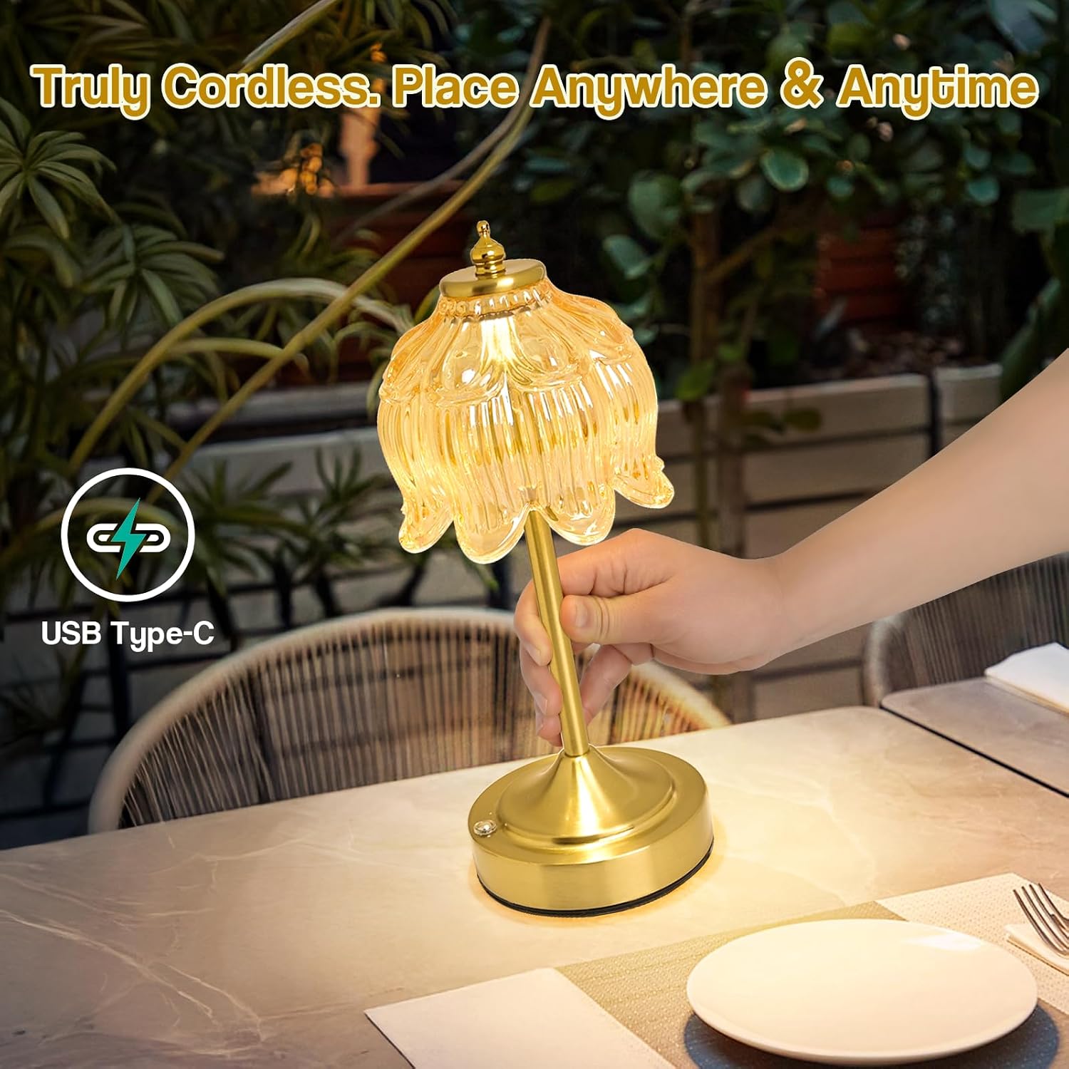 Cordless Brass Table Lamp with Amber Glass Shade