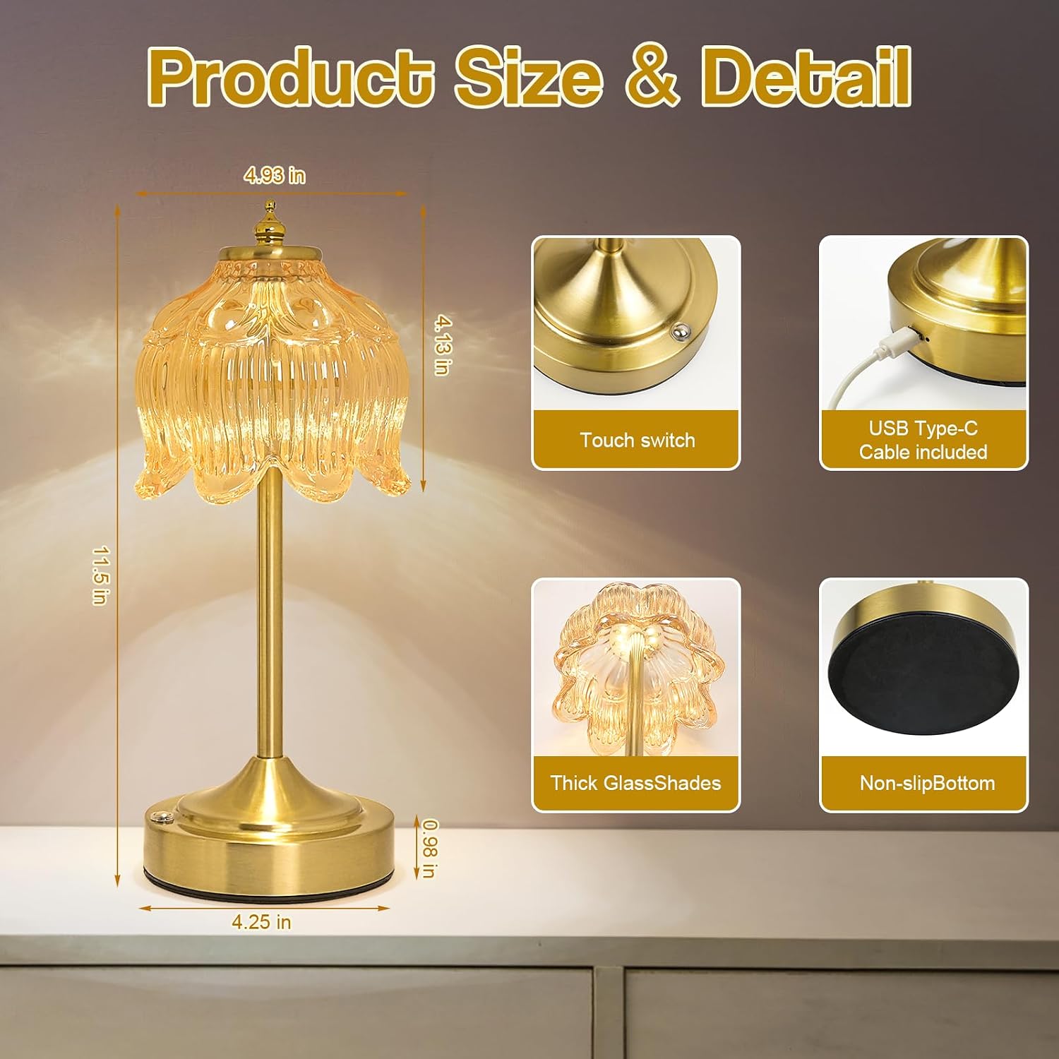 Cordless Brass Table Lamp with Amber Glass Shade
