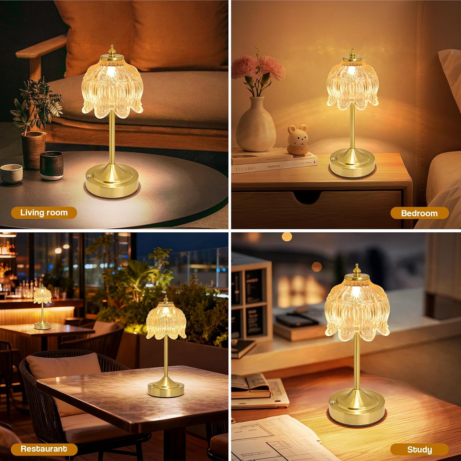 Cordless Brass Table Lamp with Amber Glass Shade