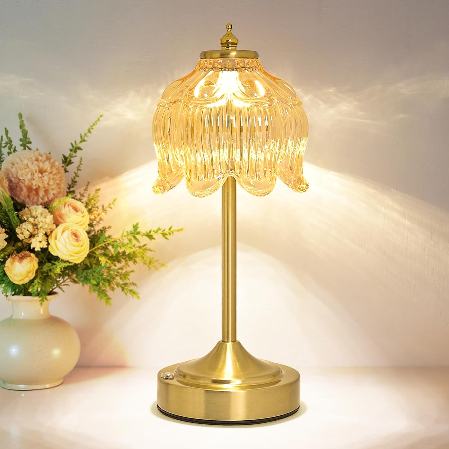 Cordless Brass Table Lamp with Amber Glass Shade