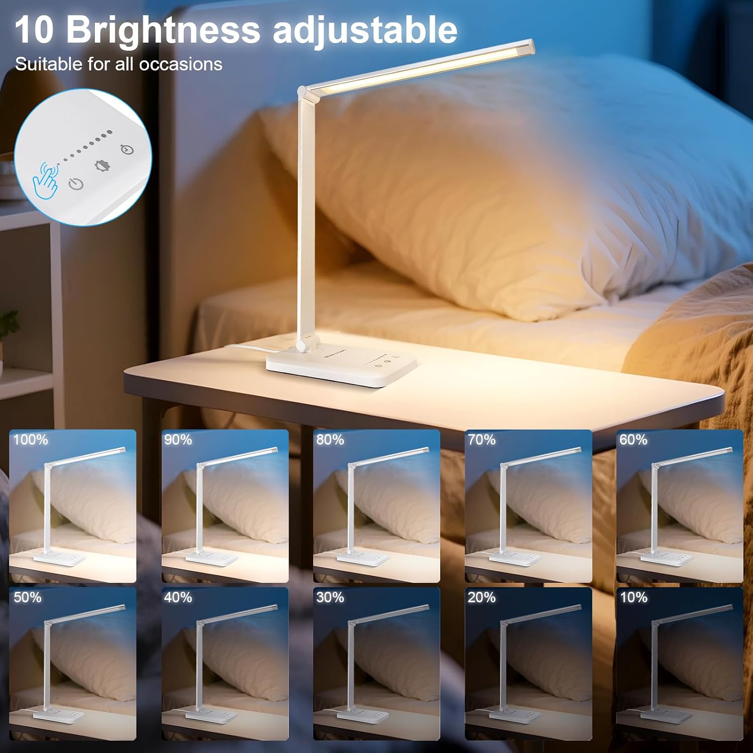 White Foldable LED Desk Lamp with USB Port