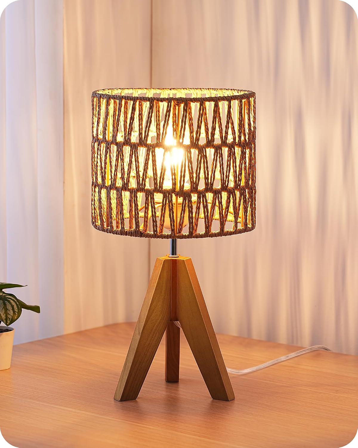 Wooden Tripod Table Lamp with Linen Shade