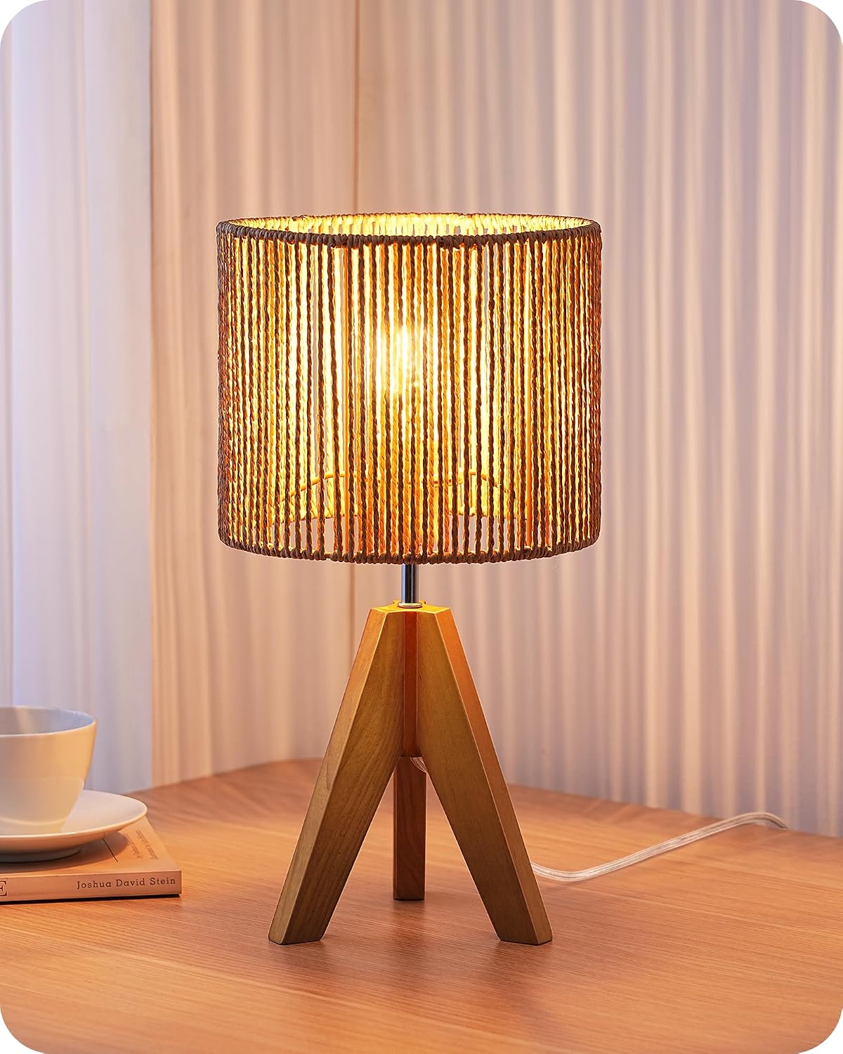 Wooden Tripod Table Lamp with Linen Shade