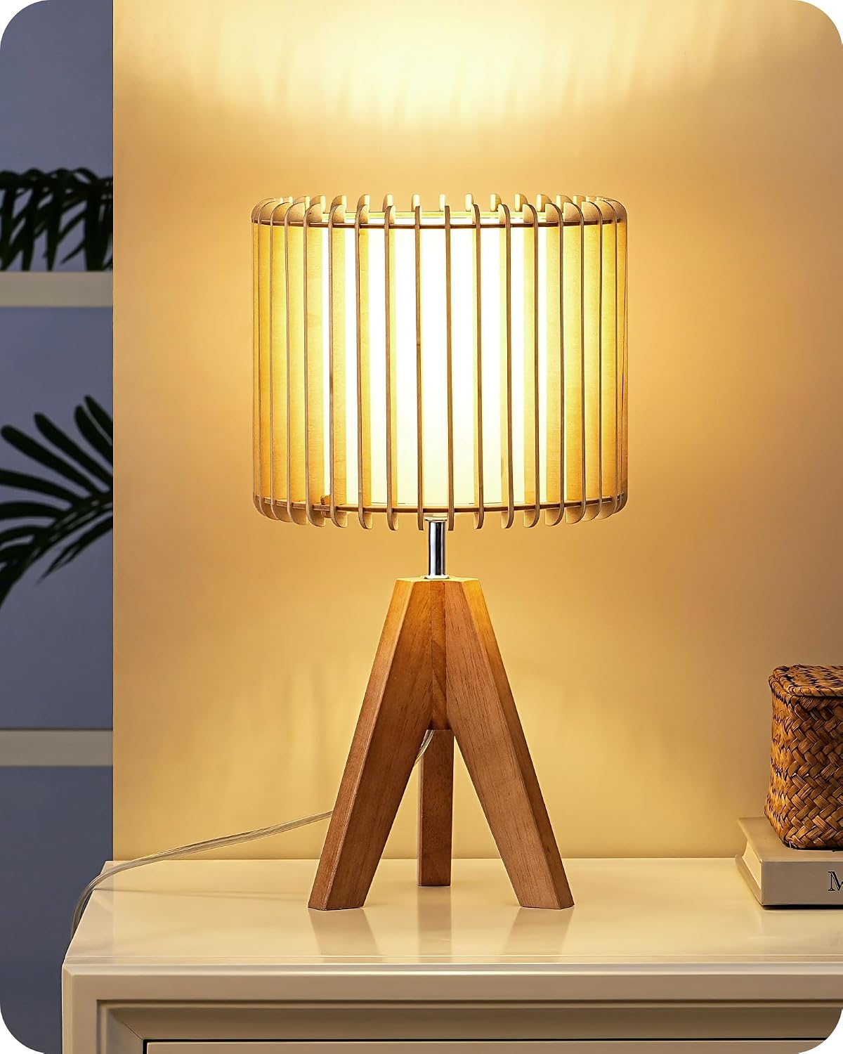 Wooden Tripod Table Lamp with Linen Shade