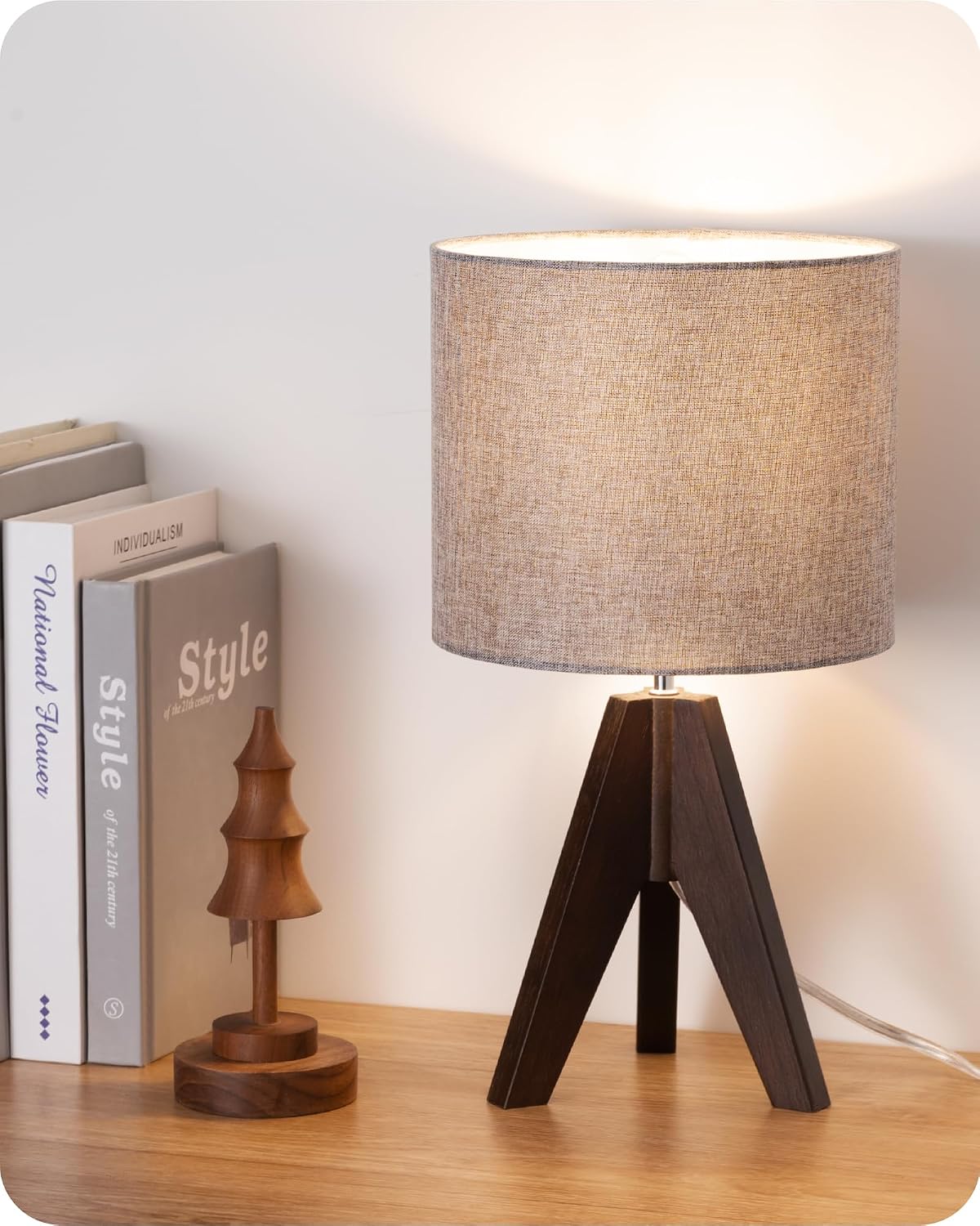 Wooden Tripod Table Lamp with Linen Shade