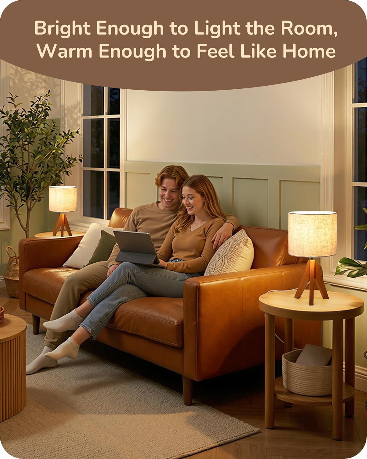Wooden Tripod Table Lamp with Linen Shade