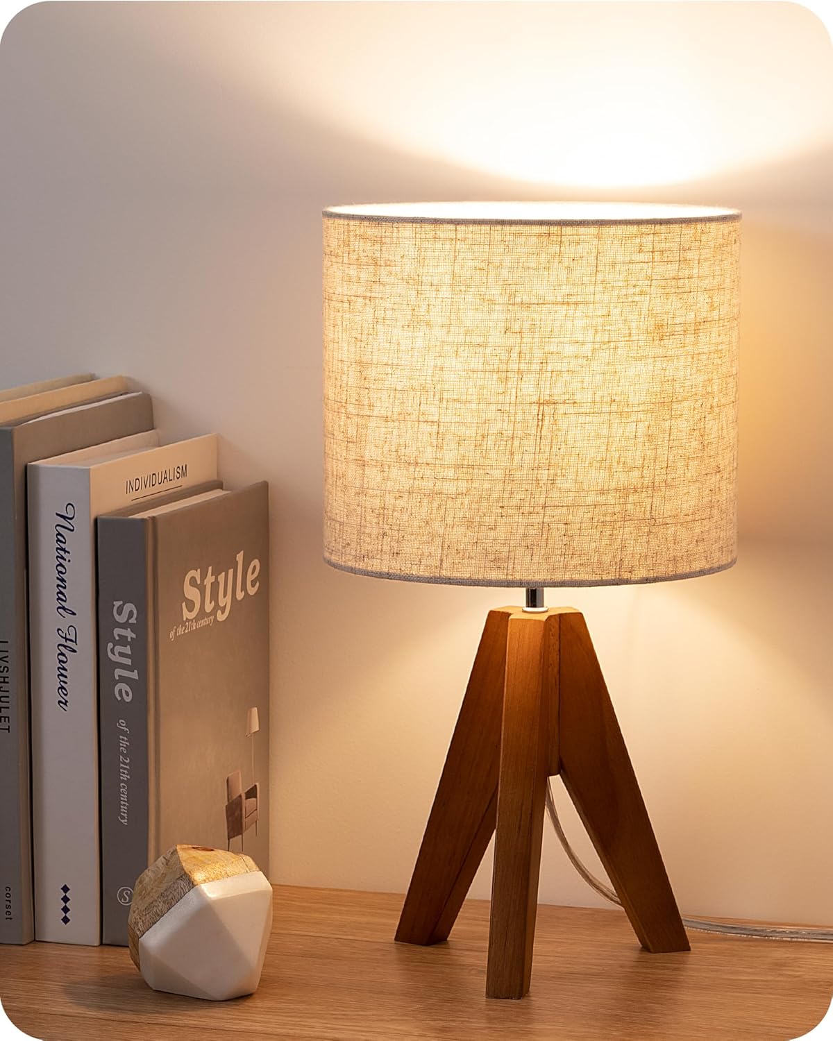 Wooden Tripod Table Lamp with Linen Shade